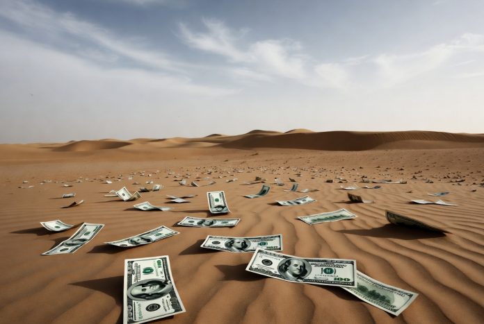 2026-02-22_Wueste_mit_Dollarscheinen-by_X.AI Erstellt mit Grok AI – x.ai